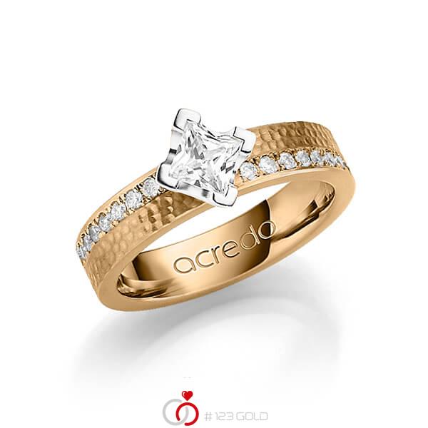 klassieke trouwring in roségoud 14 kt. hamerslag met 0,5 ct. + in totaal 0,54 ct. Princess-Diamant & Briljant tw,vs tw/si van acredo - A-1247-17 klassieke trouwring in roségoud 14 kt. hamerslag met 0,5 ct. + in totaal 0,54 ct. Princess-Diamant & Briljant tw,vs tw/si van acredo - A-1247-17