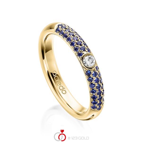 klassischer Trauring/Ehering in Gelbgold 585 mit zus. 0,416 ct. Brillant Saphir Blau (A 10) tw, si von acredo - A-1911-4 klassischer Trauring/Ehering in Gelbgold 585 mit zus. 0,416 ct. Brillant Saphir Blau (A 10) tw, si von acredo - A-1911-4