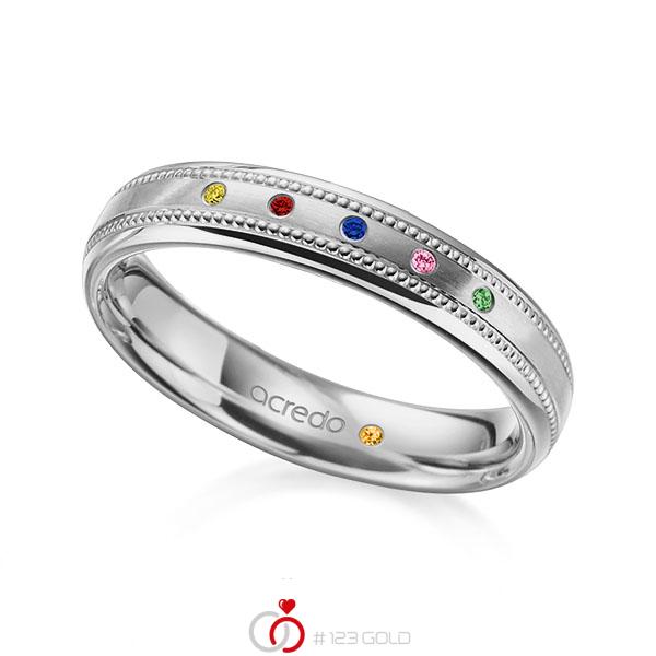 klassischer Trauring/Ehering in Graugold 750 mit zus. 0,03 ct. Brillant Red Cherry Apple Green Saphir Orange (A 12) Saphir Pink (A 10) Saphir Gelb (A 8) Saphir Blau (A 10) von acredo - A-2112-5 klassischer Trauring/Ehering in Graugold 750 mit zus. 0,03 ct. Brillant Red Cherry Apple Green Saphir Orange (A 12) Saphir Pink (A 10) Saphir Gelb (A 8) Saphir Blau (A 10) von acredo - A-2112-5