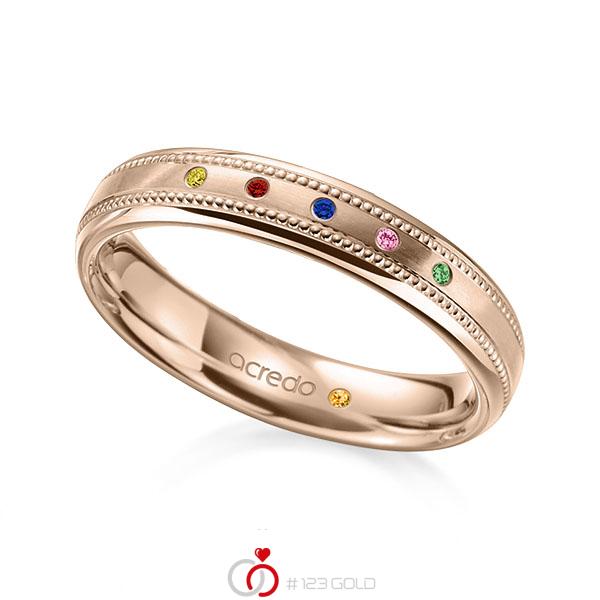 klassischer Trauring/Ehering in Rotgold 750 mit zus. 0,03 ct. Brillant Red Cherry Apple Green Saphir Orange (A 12) Saphir Pink (A 10) Saphir Gelb (A 8) Saphir Blau (A 10) von acredo - A-2112-4 klassischer Trauring/Ehering in Rotgold 750 mit zus. 0,03 ct. Brillant Red Cherry Apple Green Saphir Orange (A 12) Saphir Pink (A 10) Saphir Gelb (A 8) Saphir Blau (A 10) von acredo - A-2112-4