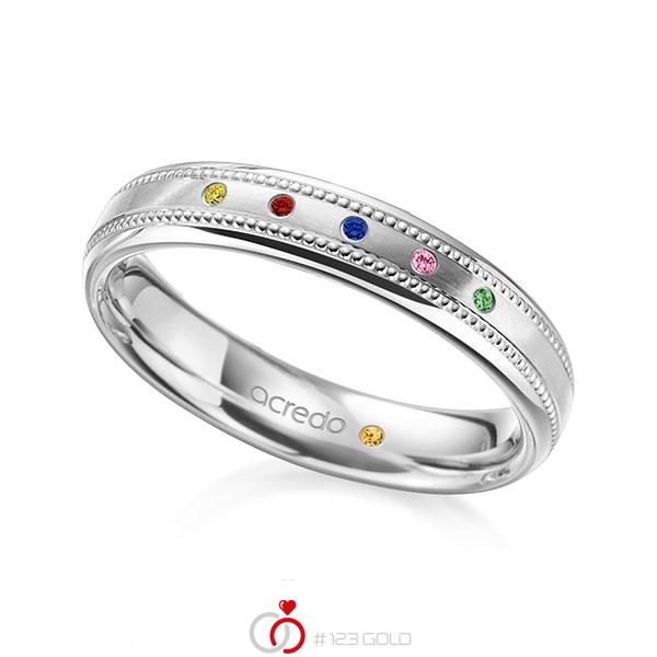 klassischer Trauring/Ehering in Weißgold 750 mit zus. 0,03 ct. Brillant Red Cherry Apple Green Saphir Orange (A 12) Saphir Pink (A 10) Saphir Gelb (A 8) Saphir Blau (A 10) von acredo - A-2112-3 klassischer Trauring/Ehering in Weißgold 750 mit zus. 0,03 ct. Brillant Red Cherry Apple Green Saphir Orange (A 12) Saphir Pink (A 10) Saphir Gelb (A 8) Saphir Blau (A 10) von acredo - A-2112-3
