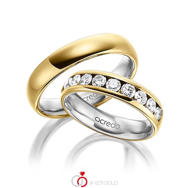 Paar bicolor Memoire-Trauringe/Eheringe in aussen Gelbgold 585 , innen Graugold 585 halbausgefasst mit zus. 1,1 ct. Brillant tw, si von acredo - A-1534-1 Paar bicolor Memoire-Trauringe/Eheringe in aussen Gelbgold 585 , innen Graugold 585 halbausgefasst mit zus. 1,1 ct. Brillant tw, si von acredo - A-1534-1