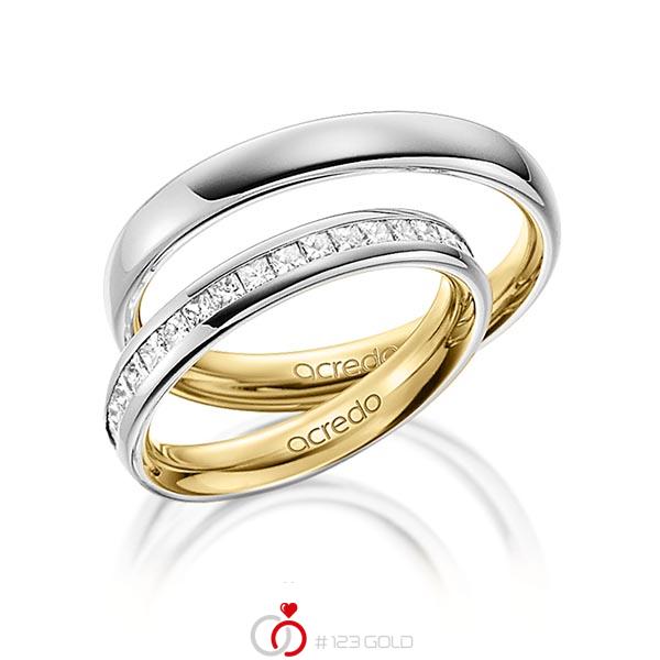 Paar bicolor Memoire-Trauringe/Eheringe in aussen Graugold 585 , innen Gelbgold 585 halbausgefasst mit zus. 0,57 ct. Prinzess-Diamant tw, si von acredo - A-1531-1 Paar bicolor Memoire-Trauringe/Eheringe in aussen Graugold 585 , innen Gelbgold 585 halbausgefasst mit zus. 0,57 ct. Prinzess-Diamant tw, si von acredo - A-1531-1