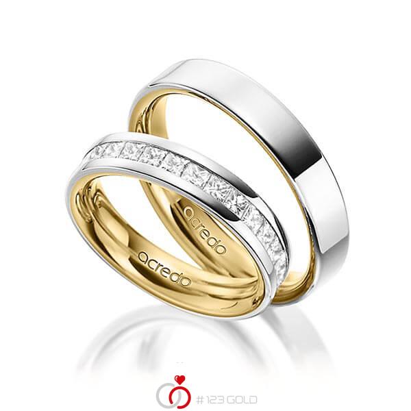Paar bicolor Memoire-Trauringe/Eheringe in aussen Graugold 585 , innen Gelbgold 585 halbausgefasst mit zus. 1,05 ct. Prinzess-Diamant tw, si von acredo - A-1533-1 Paar bicolor Memoire-Trauringe/Eheringe in aussen Graugold 585 , innen Gelbgold 585 halbausgefasst mit zus. 1,05 ct. Prinzess-Diamant tw, si von acredo - A-1533-1