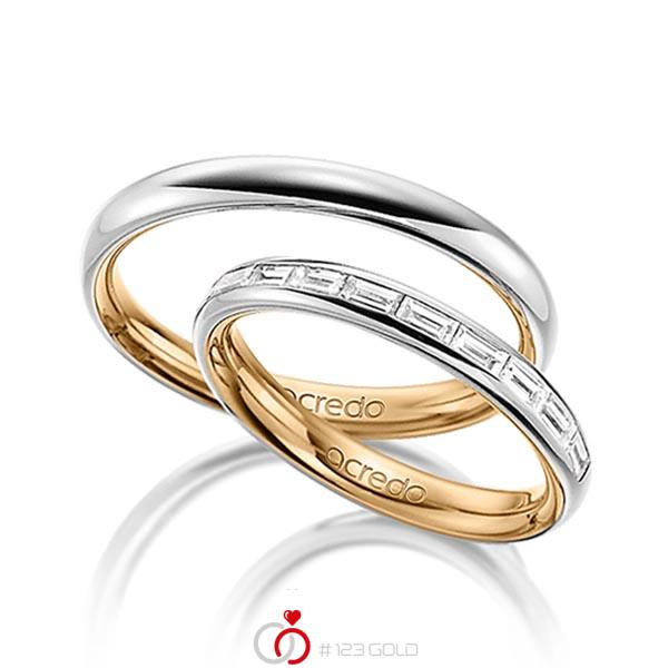 Paar bicolor Memoire-Trauringe/Eheringe in aussen Graugold 585 , innen Roségold 585 halbausgefasst mit zus. 0,5 ct. Baguette-Diamant tw, vs von acredo - A-1532-1 Paar bicolor Memoire-Trauringe/Eheringe in aussen Graugold 585 , innen Roségold 585 halbausgefasst mit zus. 0,5 ct. Baguette-Diamant tw, vs von acredo - A-1532-1