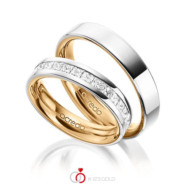 Paar bicolor Memoire-Trauringe/Eheringe in aussen Graugold 585 , innen Roségold 585 halbausgefasst mit zus. 1,05 ct. Prinzess-Diamant tw, si von acredo - A-1533-2 Paar bicolor Memoire-Trauringe/Eheringe in aussen Graugold 585 , innen Roségold 585 halbausgefasst mit zus. 1,05 ct. Prinzess-Diamant tw, si von acredo - A-1533-2