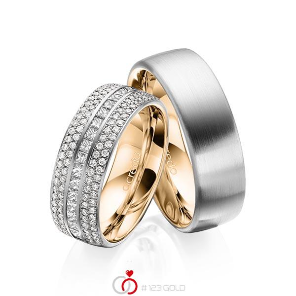 Paar bicolor Memoire-Trauringe/Eheringe in aussen Graugold 585 , innen Roségold 585 halbausgefasst mit zus. 1,12 ct. Brillant & Prinzess-Diamant tw, si von acredo - A-1623-1 Paar bicolor Memoire-Trauringe/Eheringe in aussen Graugold 585 , innen Roségold 585 halbausgefasst mit zus. 1,12 ct. Brillant & Prinzess-Diamant tw, si von acredo - A-1623-1