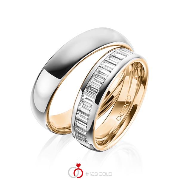 Paar bicolor Memoire-Trauringe/Eheringe in aussen Graugold 585 , innen Roségold 585 halbausgefasst mit zus. 1,36 ct. Baguette-Diamant tw, vs von acredo - A-1497-1 Paar bicolor Memoire-Trauringe/Eheringe in aussen Graugold 585 , innen Roségold 585 halbausgefasst mit zus. 1,36 ct. Baguette-Diamant tw, vs von acredo - A-1497-1