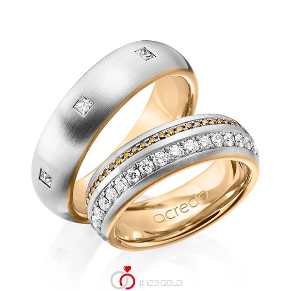 Paar bicolor Memoire-Trauringe/Eheringe in außen Graugold 585 , innen Roségold 585 vollausgefasst mit zus. 1,59 ct. Brillant & Prinzess-Diamant cognac r, if von acredo - A-1254-1 Paar bicolor Memoire-Trauringe/Eheringe in außen Graugold 585 , innen Roségold 585 vollausgefasst mit zus. 1,59 ct. Brillant & Prinzess-Diamant cognac r, if von acredo - A-1254-1