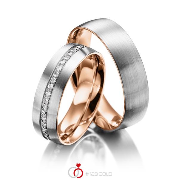 Paar bicolor Memoire-Trauringe/Eheringe in außen Graugold 585 , innen Rotgold 585 halbausgefasst mit zus. 0,23 ct. Brillant tw, si von Steinberg - Q-1217-3 Paar bicolor Memoire-Trauringe/Eheringe in außen Graugold 585 , innen Rotgold 585 halbausgefasst mit zus. 0,23 ct. Brillant tw, si von Steinberg - Q-1217-3