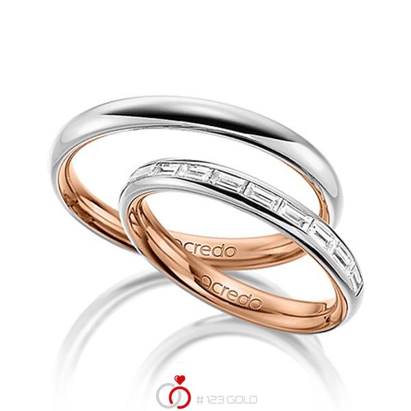 Paar bicolor Memoire-Trauringe/Eheringe in aussen Graugold 585 , innen Rotgold 585 halbausgefasst mit zus. 0,5 ct. Baguette-Diamant tw, vs von acredo - A-1532-3 Paar bicolor Memoire-Trauringe/Eheringe in aussen Graugold 585 , innen Rotgold 585 halbausgefasst mit zus. 0,5 ct. Baguette-Diamant tw, vs von acredo - A-1532-3
