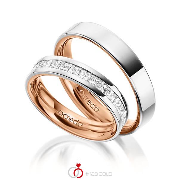 Paar bicolor Memoire-Trauringe/Eheringe in aussen Graugold 585 , innen Rotgold 585 halbausgefasst mit zus. 1,05 ct. Prinzess-Diamant tw, si von acredo - A-1533-3 Paar bicolor Memoire-Trauringe/Eheringe in aussen Graugold 585 , innen Rotgold 585 halbausgefasst mit zus. 1,05 ct. Prinzess-Diamant tw, si von acredo - A-1533-3