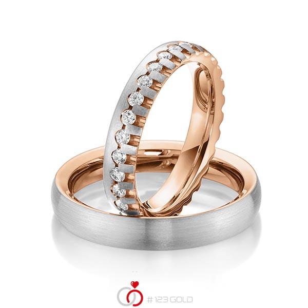 Paar bicolor Memoire-Trauringe/Eheringe in aussen Graugold 585 , innen Rotgold 585 vollausgefasst mit zus. 0,85 ct. Brillant tw, si von Steinberg - Q-1470-11 Paar bicolor Memoire-Trauringe/Eheringe in aussen Graugold 585 , innen Rotgold 585 vollausgefasst mit zus. 0,85 ct. Brillant tw, si von Steinberg - Q-1470-11