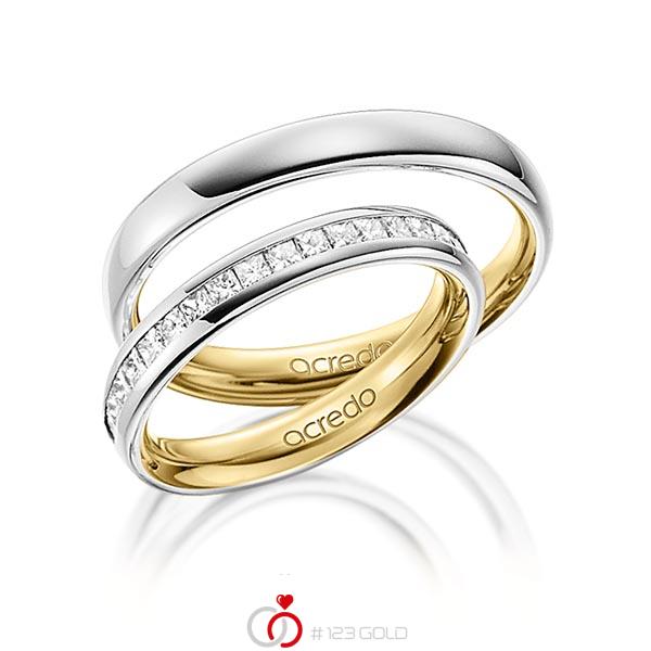 Paar bicolor Memoire-Trauringe/Eheringe in aussen Platin 950 , innen Gelbgold 750 halbausgefasst mit zus. 0,57 ct. Prinzess-Diamant tw, si von acredo - A-1531-9 Paar bicolor Memoire-Trauringe/Eheringe in aussen Platin 950 , innen Gelbgold 750 halbausgefasst mit zus. 0,57 ct. Prinzess-Diamant tw, si von acredo - A-1531-9