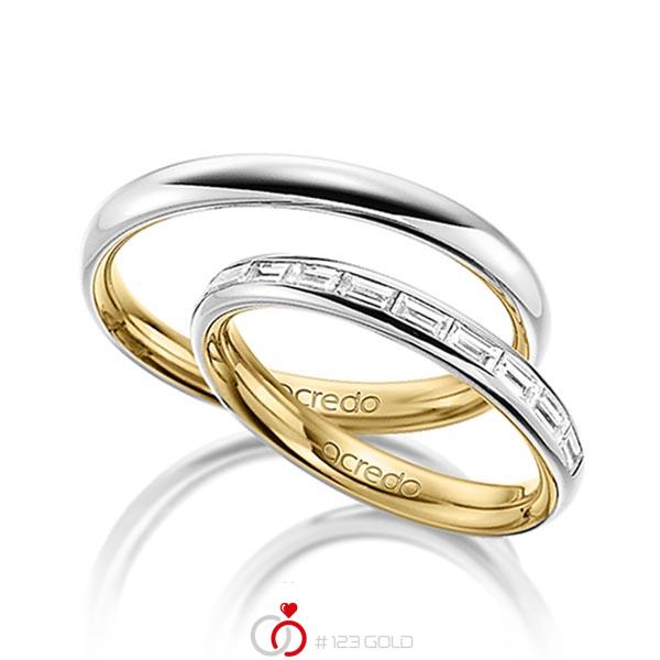 Paar bicolor Memoire-Trauringe/Eheringe in aussen Platin 950 , innen Gelbgold 750 halbausgefasst mit zus. 0,5 ct. Baguette-Diamant tw, vs von acredo - A-1532-10 Paar bicolor Memoire-Trauringe/Eheringe in aussen Platin 950 , innen Gelbgold 750 halbausgefasst mit zus. 0,5 ct. Baguette-Diamant tw, vs von acredo - A-1532-10