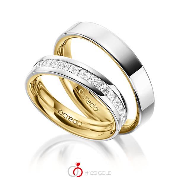 Paar bicolor Memoire-Trauringe/Eheringe in aussen Platin 950 , innen Gelbgold 750 halbausgefasst mit zus. 1,05 ct. Prinzess-Diamant tw, si von acredo - A-1533-9 Paar bicolor Memoire-Trauringe/Eheringe in aussen Platin 950 , innen Gelbgold 750 halbausgefasst mit zus. 1,05 ct. Prinzess-Diamant tw, si von acredo - A-1533-9