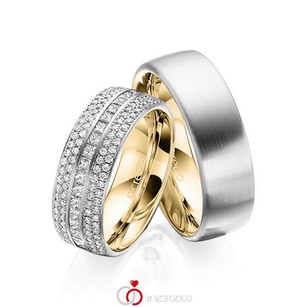 Paar bicolor Memoire-Trauringe/Eheringe in aussen Platin 950 , innen Gelbgold 750 halbausgefasst mit zus. 1,12 ct. Brillant & Prinzess-Diamant tw, si von acredo - A-1623-10 Paar bicolor Memoire-Trauringe/Eheringe in aussen Platin 950 , innen Gelbgold 750 halbausgefasst mit zus. 1,12 ct. Brillant & Prinzess-Diamant tw, si von acredo - A-1623-10