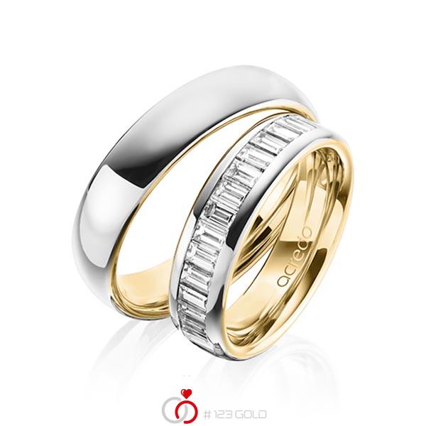 Paar bicolor Memoire-Trauringe/Eheringe in aussen Platin 950 , innen Gelbgold 750 halbausgefasst mit zus. 1,36 ct. Baguette-Diamant tw, vs von acredo - A-1497-10 Paar bicolor Memoire-Trauringe/Eheringe in aussen Platin 950 , innen Gelbgold 750 halbausgefasst mit zus. 1,36 ct. Baguette-Diamant tw, vs von acredo - A-1497-10