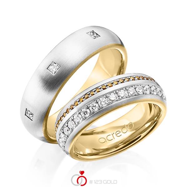 Paar bicolor Memoire-Trauringe/Eheringe in außen Platin 950 , innen Gelbgold 750 vollausgefasst mit zus. 1,59 ct. Brillant & Prinzess-Diamant cognac r, if von acredo - A-1254-9 Paar bicolor Memoire-Trauringe/Eheringe in außen Platin 950 , innen Gelbgold 750 vollausgefasst mit zus. 1,59 ct. Brillant & Prinzess-Diamant cognac r, if von acredo - A-1254-9
