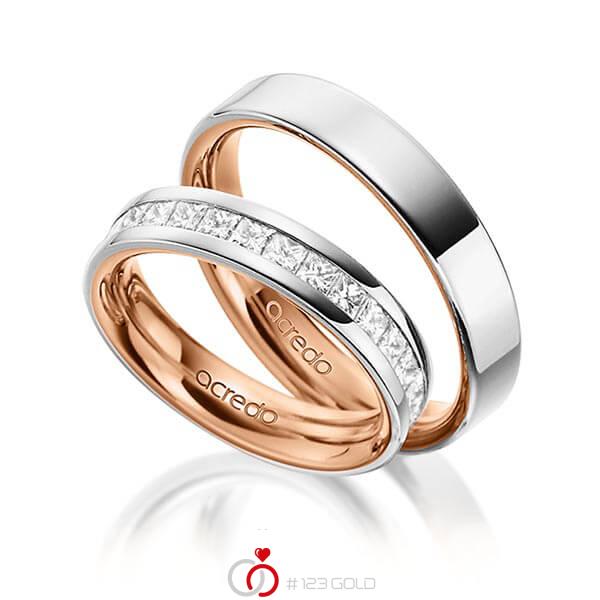 Paar bicolor Memoire-Trauringe/Eheringe in aussen Platin 950 , innen Rotgold 750 halbausgefasst mit zus. 1,05 ct. Prinzess-Diamant tw, si von acredo - A-1533-11 Paar bicolor Memoire-Trauringe/Eheringe in aussen Platin 950 , innen Rotgold 750 halbausgefasst mit zus. 1,05 ct. Prinzess-Diamant tw, si von acredo - A-1533-11