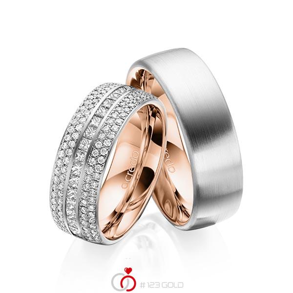 Paar bicolor Memoire-Trauringe/Eheringe in aussen Platin 950 , innen Rotgold 750 halbausgefasst mit zus. 1,12 ct. Brillant & Prinzess-Diamant tw, si von acredo - A-1623-11 Paar bicolor Memoire-Trauringe/Eheringe in aussen Platin 950 , innen Rotgold 750 halbausgefasst mit zus. 1,12 ct. Brillant & Prinzess-Diamant tw, si von acredo - A-1623-11