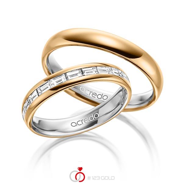 Paar bicolor Memoire-Trauringe/Eheringe in aussen Roségold 585 , innen Graugold 585 halbausgefasst mit zus. 0,8 ct. Baguette-Diamant tw, vs von acredo - A-1530-1 Paar bicolor Memoire-Trauringe/Eheringe in aussen Roségold 585 , innen Graugold 585 halbausgefasst mit zus. 0,8 ct. Baguette-Diamant tw, vs von acredo - A-1530-1
