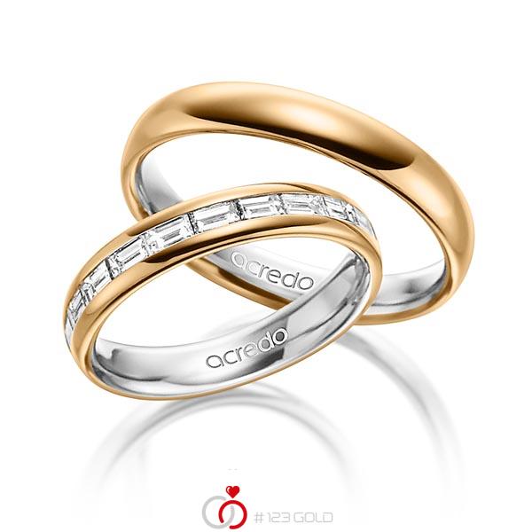 Paar bicolor Memoire-Trauringe/Eheringe in aussen Roségold 750 , innen Platin 950 halbausgefasst mit zus. 0,8 ct. Baguette-Diamant tw, vs von acredo - A-1530-9 Paar bicolor Memoire-Trauringe/Eheringe in aussen Roségold 750 , innen Platin 950 halbausgefasst mit zus. 0,8 ct. Baguette-Diamant tw, vs von acredo - A-1530-9
