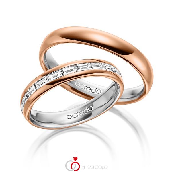 Paar bicolor Memoire-Trauringe/Eheringe in aussen Rotgold 585 , innen Graugold 585 halbausgefasst mit zus. 0,8 ct. Baguette-Diamant tw, vs von acredo - A-1530-3 Paar bicolor Memoire-Trauringe/Eheringe in aussen Rotgold 585 , innen Graugold 585 halbausgefasst mit zus. 0,8 ct. Baguette-Diamant tw, vs von acredo - A-1530-3