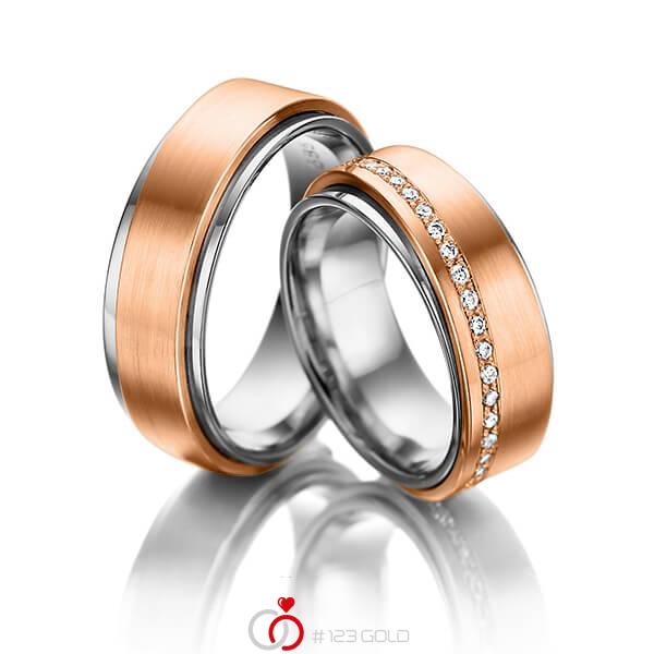 Paar bicolor Memoire-Trauringe/Eheringe in aussen Rotgold 585 , innen Weissgold 585 vollausgefasst mit zus. 0,49 ct. Brillant tw, si von 123gold - Y-1352-4 Paar bicolor Memoire-Trauringe/Eheringe in aussen Rotgold 585 , innen Weissgold 585 vollausgefasst mit zus. 0,49 ct. Brillant tw, si von 123gold - Y-1352-4