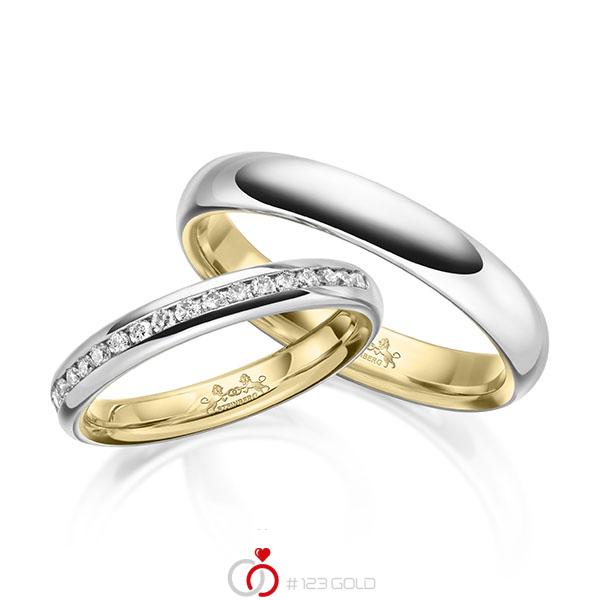 Paar bicolor Memoire-Trauringe/Eheringe in außen Weißgold 585 , innen Gelbgold 585 halbausgefasst mit zus. 0,3 ct. Brillant tw, si von Steinberg - Q-1638-3 Paar bicolor Memoire-Trauringe/Eheringe in außen Weißgold 585 , innen Gelbgold 585 halbausgefasst mit zus. 0,3 ct. Brillant tw, si von Steinberg - Q-1638-3