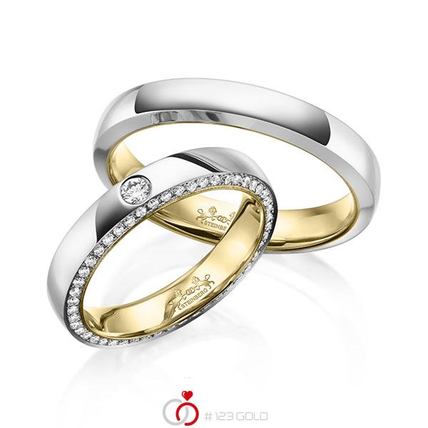 Paar bicolor Memoire-Trauringe/Eheringe in außen Weißgold 585 , innen Gelbgold 585 vollausgefasst mit zus. 0,34 ct. Brillant tw, si von Steinberg - Q-1627-3 Paar bicolor Memoire-Trauringe/Eheringe in außen Weißgold 585 , innen Gelbgold 585 vollausgefasst mit zus. 0,34 ct. Brillant tw, si von Steinberg - Q-1627-3