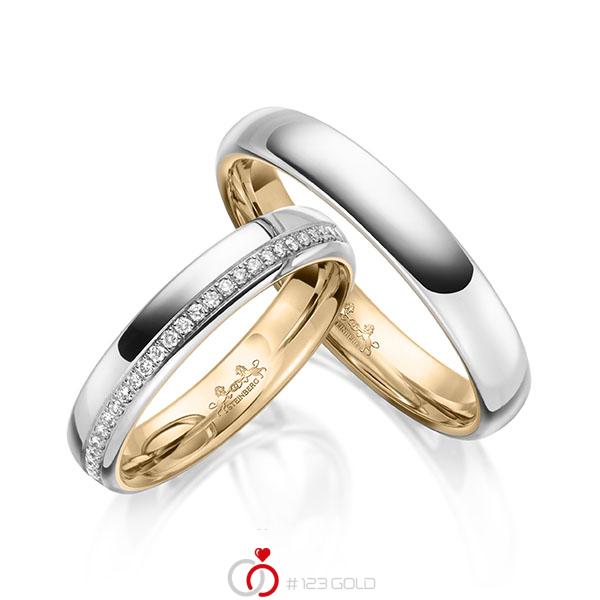 Paar bicolor Memoire-Trauringe/Eheringe in außen Weißgold 585 , innen Roségold 585 halbausgefasst mit zus. 0,14 ct. Brillant tw, si von Steinberg - Q-1636-1 Paar bicolor Memoire-Trauringe/Eheringe in außen Weißgold 585 , innen Roségold 585 halbausgefasst mit zus. 0,14 ct. Brillant tw, si von Steinberg - Q-1636-1