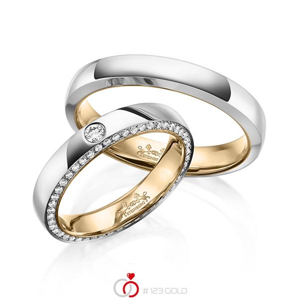 Paar bicolor Memoire-Trauringe/Eheringe in außen Weißgold 585 , innen Roségold 585 vollausgefasst mit zus. 0,34 ct. Brillant tw, si von Steinberg - Q-1627-1 Paar bicolor Memoire-Trauringe/Eheringe in außen Weißgold 585 , innen Roségold 585 vollausgefasst mit zus. 0,34 ct. Brillant tw, si von Steinberg - Q-1627-1