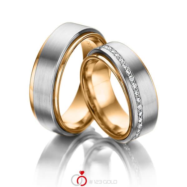 Paar bicolor Memoire-Trauringe/Eheringe in aussen Weissgold 585 , innen Roségold 585 vollausgefasst mit zus. 0,49 ct. Brillant tw, si von 123gold - Y-1352-2 Paar bicolor Memoire-Trauringe/Eheringe in aussen Weissgold 585 , innen Roségold 585 vollausgefasst mit zus. 0,49 ct. Brillant tw, si von 123gold - Y-1352-2