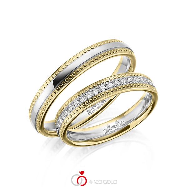 Paar bicolor Memoire-Trauringe/Eheringe in Gelbgold 585 Weißgold 585 halbausgefasst mit zus. 0,21 ct. Brillant tw, si von Steinberg - Q-1639-1 Paar bicolor Memoire-Trauringe/Eheringe in Gelbgold 585 Weißgold 585 halbausgefasst mit zus. 0,21 ct. Brillant tw, si von Steinberg - Q-1639-1