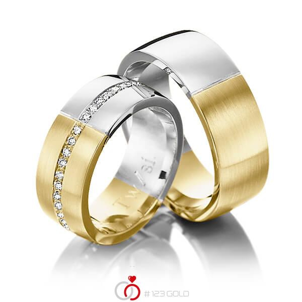 Paar bicolor Memoire-Trauringe/Eheringe in Gelbgold 585 Weißgold 585 halbausgefasst mit zus. 0,22 ct. Brillant tw, si von 123gold - P-1119-1 Paar bicolor Memoire-Trauringe/Eheringe in Gelbgold 585 Weißgold 585 halbausgefasst mit zus. 0,22 ct. Brillant tw, si von 123gold - P-1119-1