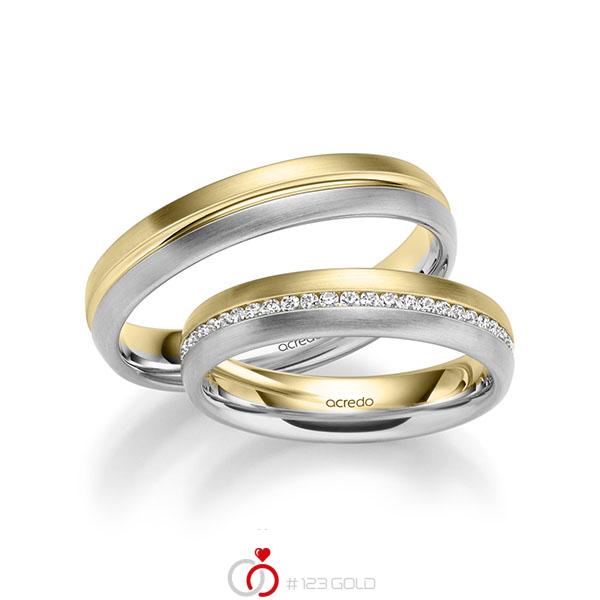 Paar bicolor Memoire-Trauringe/Eheringe in Gelbgold 585 Weissgold 585 vollausgefasst mit zus. 0,392 ct. Brillant tw, si von acredo - A-1031-17 Paar bicolor Memoire-Trauringe/Eheringe in Gelbgold 585 Weissgold 585 vollausgefasst mit zus. 0,392 ct. Brillant tw, si von acredo - A-1031-17