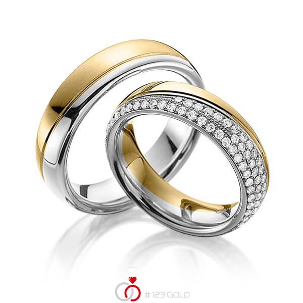 Paar bicolor Memoire-Trauringe/Eheringe in Gelbgold 750 Platin 950 vollausgefasst mit zus. 0,85 ct. Brillant tw, vs von 123gold - Y-1276-8 Paar bicolor Memoire-Trauringe/Eheringe in Gelbgold 750 Platin 950 vollausgefasst mit zus. 0,85 ct. Brillant tw, vs von 123gold - Y-1276-8