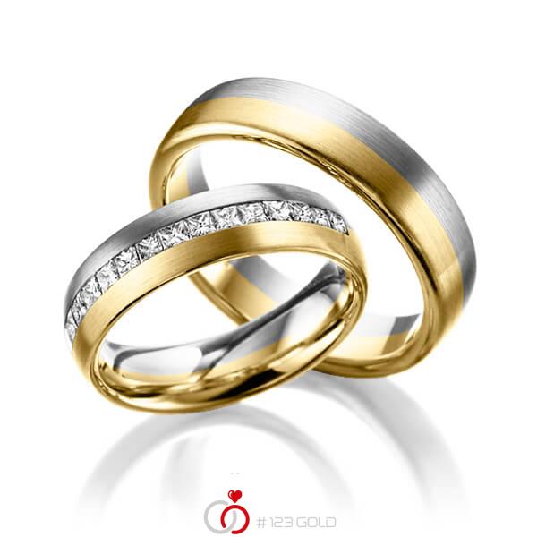 Paar bicolor Memoire-Trauringe/Eheringe in Graugold 585 Gelbgold 585 halbausgefasst mit zus. 0,68 ct. Prinzess-Diamant tw, si von Steinberg - Q-1221-9 Paar bicolor Memoire-Trauringe/Eheringe in Graugold 585 Gelbgold 585 halbausgefasst mit zus. 0,68 ct. Prinzess-Diamant tw, si von Steinberg - Q-1221-9