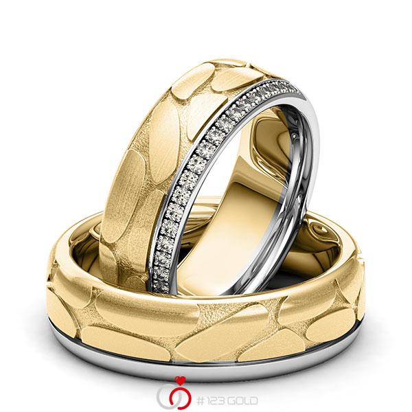 Paar bicolor Memoire-Trauringe/Eheringe in Graugold 585 Gelbgold 585 Laser Struktur halbausgefasst mit zus. 0,22 ct. Brillant tw, si von 123gold - Y-1392-10 Paar bicolor Memoire-Trauringe/Eheringe in Graugold 585 Gelbgold 585 Laser Struktur halbausgefasst mit zus. 0,22 ct. Brillant tw, si von 123gold - Y-1392-10
