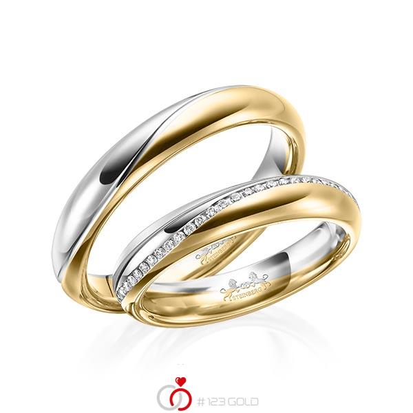 Paar bicolor Memoire-Trauringe/Eheringe in Graugold 585 Gelbgold 585 vollausgefasst mit zus. 0,31 ct. Brillant tw, si von Steinberg - Q-1571-10 Paar bicolor Memoire-Trauringe/Eheringe in Graugold 585 Gelbgold 585 vollausgefasst mit zus. 0,31 ct. Brillant tw, si von Steinberg - Q-1571-10