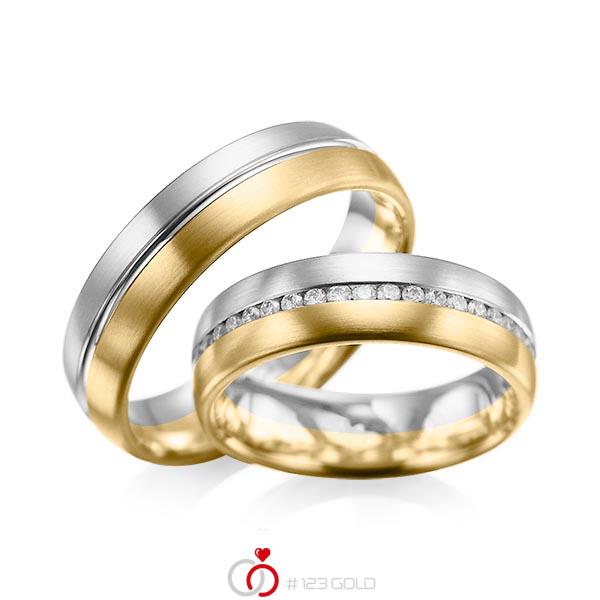 Paar bicolor Memoire-Trauringe/Eheringe in Graugold 585 Gelbgold 585 vollausgefasst mit zus. 0,615 ct. Brillant tw, si von acredo - A-1031-3 Paar bicolor Memoire-Trauringe/Eheringe in Graugold 585 Gelbgold 585 vollausgefasst mit zus. 0,615 ct. Brillant tw, si von acredo - A-1031-3