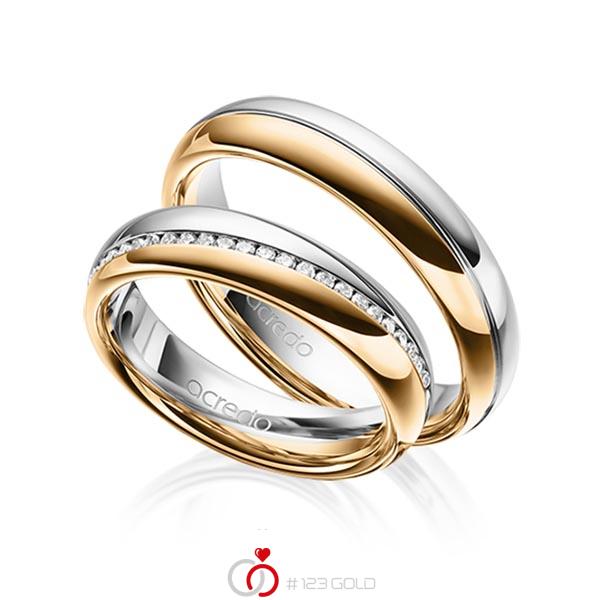 Paar bicolor Memoire-Trauringe/Eheringe in Graugold 585 Roségold 585 halbausgefasst mit zus. 0,2 ct. Brillant tw, si von acredo - A-1629-9 Paar bicolor Memoire-Trauringe/Eheringe in Graugold 585 Roségold 585 halbausgefasst mit zus. 0,2 ct. Brillant tw, si von acredo - A-1629-9
