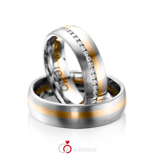Paar bicolor Memoire-Trauringe/Eheringe in Graugold 585 Roségold 585 vollausgefasst mit zus. 0,47 ct. Brillant tw, si von acredo - A-1014-5 Paar bicolor Memoire-Trauringe/Eheringe in Graugold 585 Roségold 585 vollausgefasst mit zus. 0,47 ct. Brillant tw, si von acredo - A-1014-5