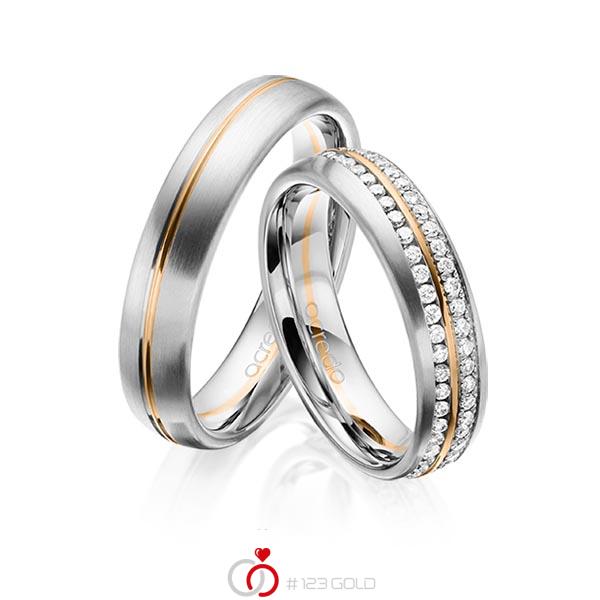 Paar bicolor Memoire-Trauringe/Eheringe in Graugold 585 Roségold 585 vollausgefasst mit zus. 0,784 ct. Brillant tw, si von acredo - A-1630-9 Paar bicolor Memoire-Trauringe/Eheringe in Graugold 585 Roségold 585 vollausgefasst mit zus. 0,784 ct. Brillant tw, si von acredo - A-1630-9