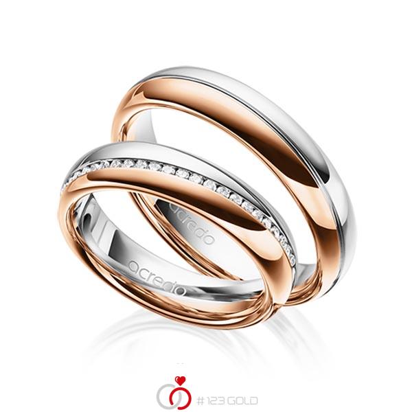 Paar bicolor Memoire-Trauringe/Eheringe in Graugold 585 Rotgold 585 halbausgefasst mit zus. 0,2 ct. Brillant tw, si von acredo - A-1629-10 Paar bicolor Memoire-Trauringe/Eheringe in Graugold 585 Rotgold 585 halbausgefasst mit zus. 0,2 ct. Brillant tw, si von acredo - A-1629-10