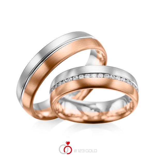 Paar bicolor Memoire-Trauringe/Eheringe in Graugold 585 Rotgold 585 vollausgefasst mit zus. 0,615 ct. Brillant tw, si von acredo - A-1031-11 Paar bicolor Memoire-Trauringe/Eheringe in Graugold 585 Rotgold 585 vollausgefasst mit zus. 0,615 ct. Brillant tw, si von acredo - A-1031-11