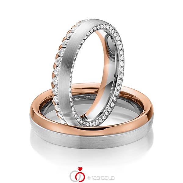 Paar bicolor Memoire-Trauringe/Eheringe in Graugold 585 Rotgold 585 vollausgefasst mit zus. 1,11 ct. Brillant tw, si von Steinberg - Q-1484-11 Paar bicolor Memoire-Trauringe/Eheringe in Graugold 585 Rotgold 585 vollausgefasst mit zus. 1,11 ct. Brillant tw, si von Steinberg - Q-1484-11