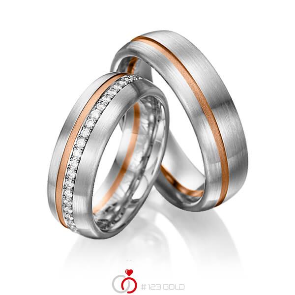Paar bicolor Memoire-Trauringe/Eheringe in Graugold dunkel 585 Rotgold 585 halbausgefasst mit zus. 0,176 ct. Brillant tw, si von 123gold - Y-1018-17 Paar bicolor Memoire-Trauringe/Eheringe in Graugold dunkel 585 Rotgold 585 halbausgefasst mit zus. 0,176 ct. Brillant tw, si von 123gold - Y-1018-17