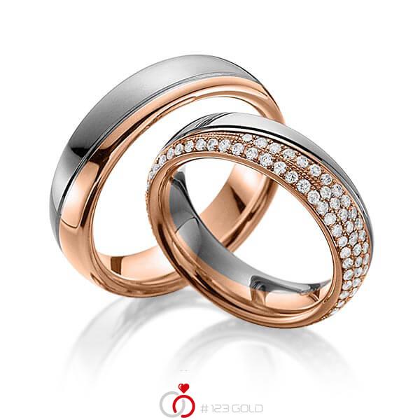 Paar bicolor Memoire-Trauringe/Eheringe in Graugold dunkel 585 Rotgold 585 vollausgefasst mit zus. 0,85 ct. Brillant tw, vs von 123gold - Y-1276-4 Paar bicolor Memoire-Trauringe/Eheringe in Graugold dunkel 585 Rotgold 585 vollausgefasst mit zus. 0,85 ct. Brillant tw, vs von 123gold - Y-1276-4